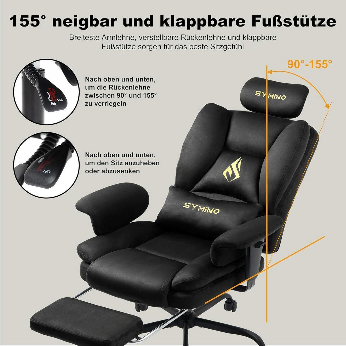 GAMING Stuhl mit Fußstütze Wildlederimitat Schwarz - Schwarz, Kunststoff (57/124/54cm)
