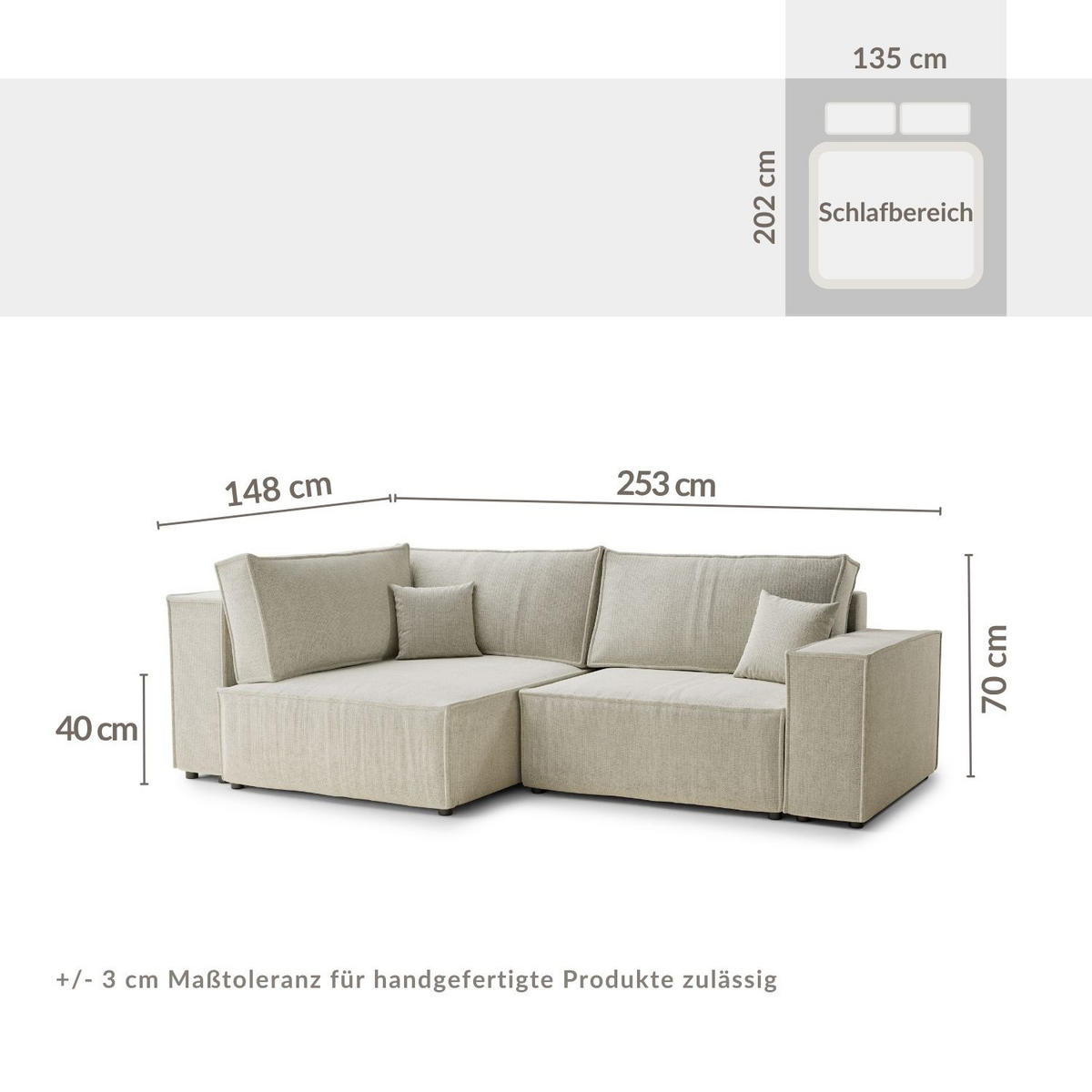 ECKSOFA MIT SCHLAFFUNKTION Tonga Hellbeige Chenille-Stoff - Beige/Schwarz, Holz/Holzwerkstoff (105/225cm) - Maison de Reve