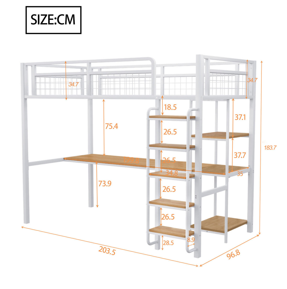 HOCHBETT 90/200 cm in Weiß mit Schreibtisch, Regalen und Sicherheitsleiter - Weiß, Metall (90/200cm) - Flora Grace