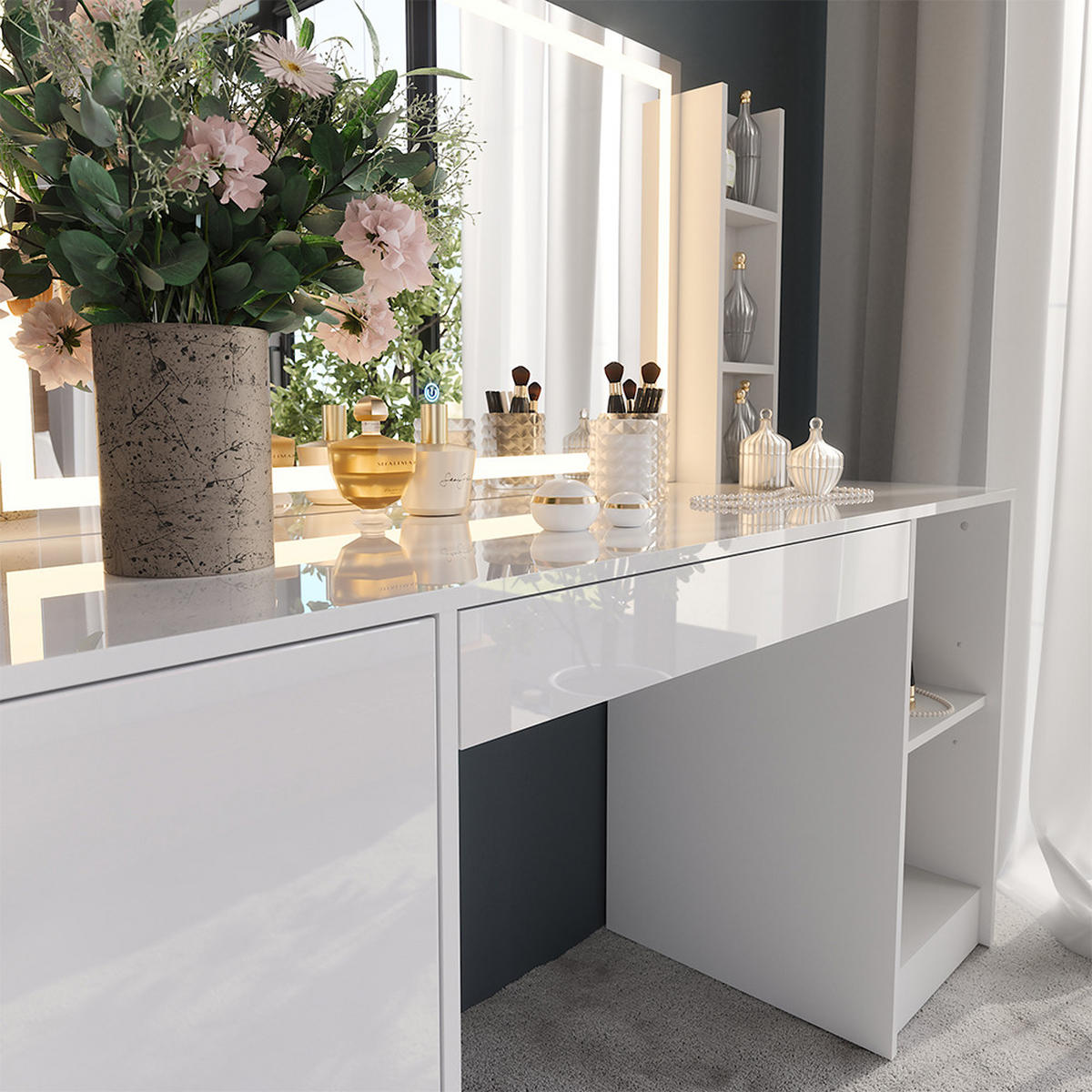 SCHMINKTISCH Sherry Weiß/Weiß Hochglanz 158.2 cm 4 Teile - Weiß Hochglanz, Holzwerkstoff (158.2/76/50.1cm) - Vicco