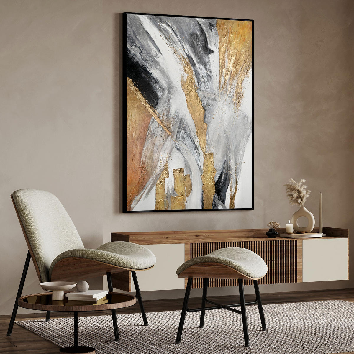 GEMÄLDE Goldene Symphonie Schattenfugenrahmen Schwarz 140x100 cm - Schwarz, Holz (140/100cm) - YS-art gallery