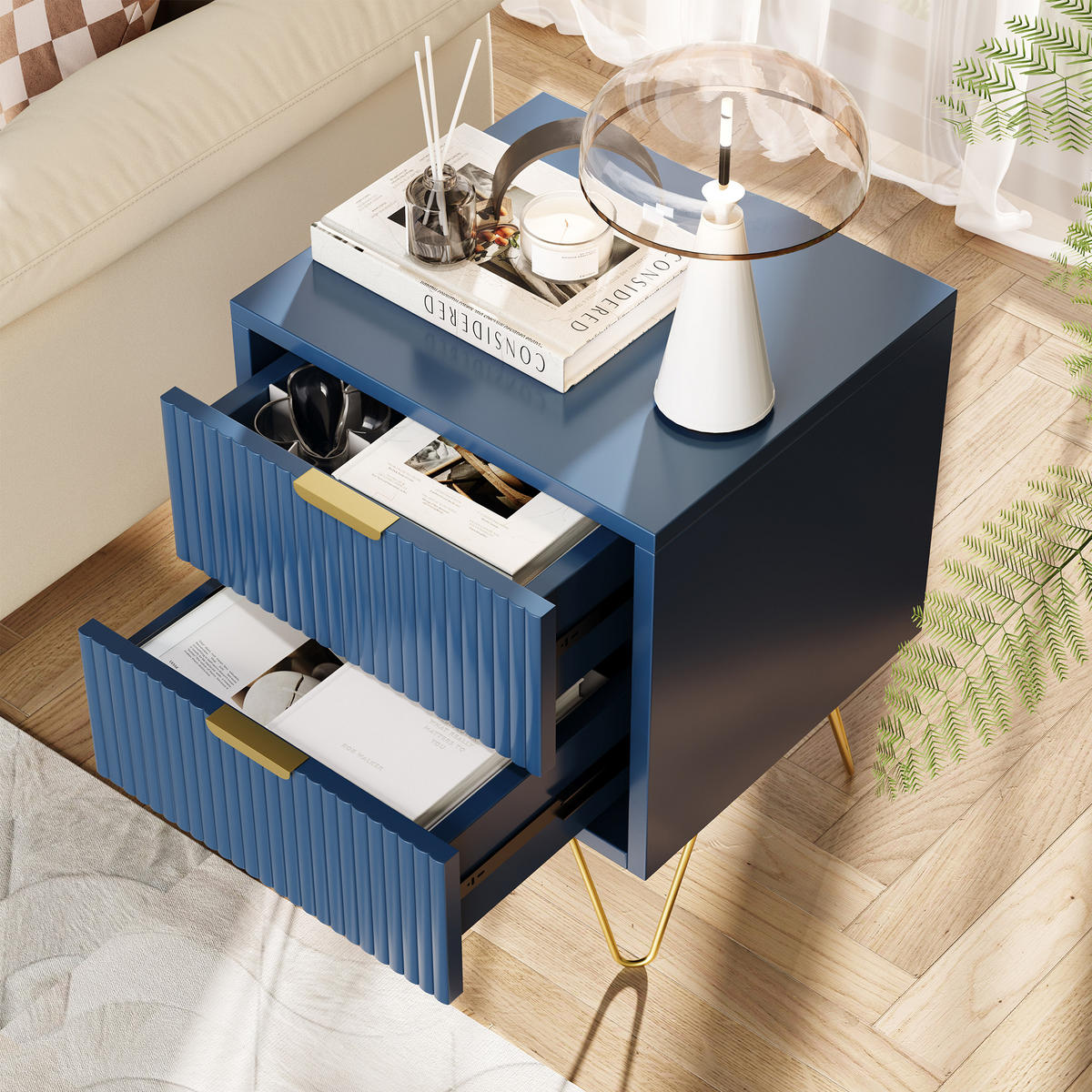 NACHTTISCH 40x35x50 cm, 2 Schubladen, modernes Design, Blau - Blau, Holz (40/50/35cm)