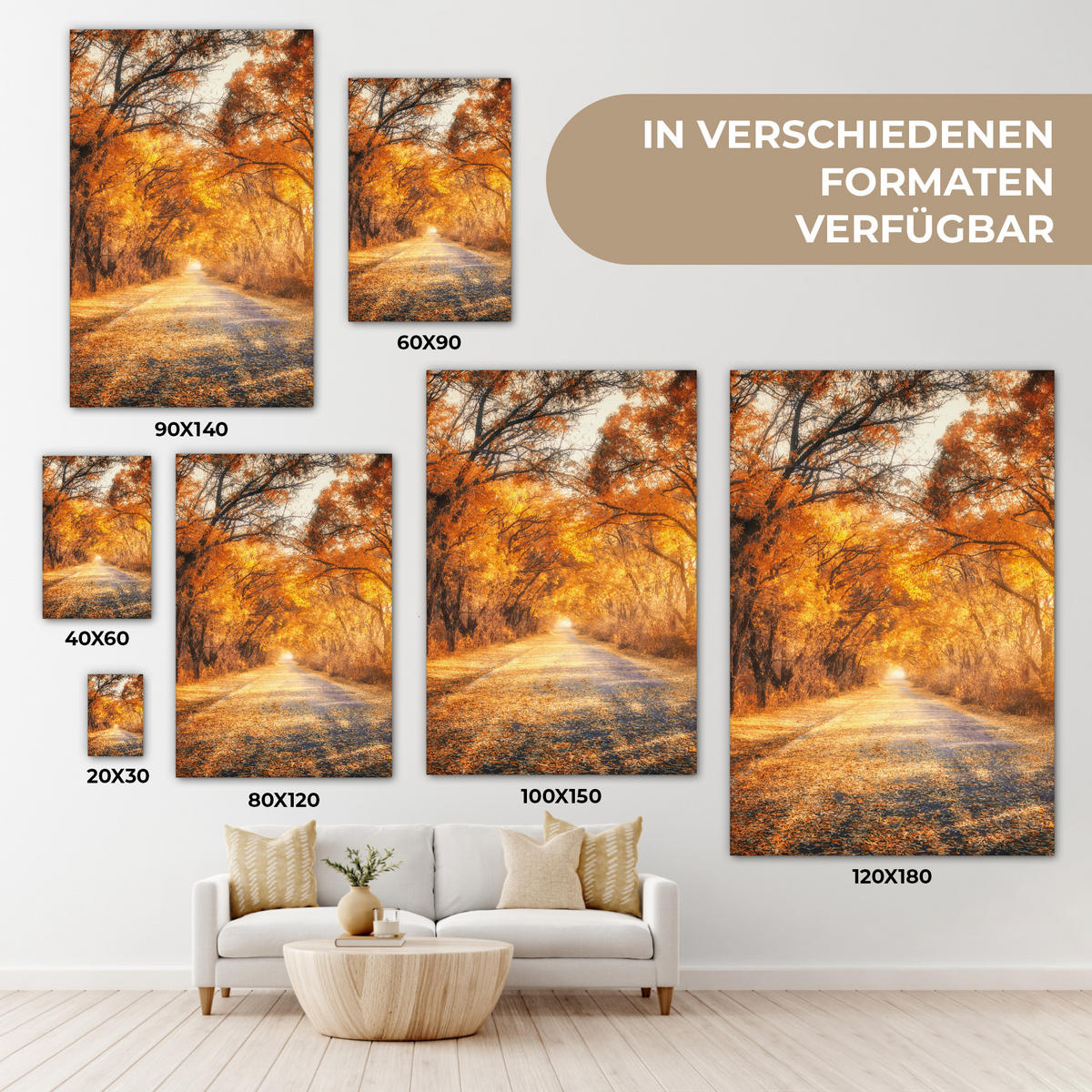 LEINWANDBILD Wald - Herbst - Bäume - Waldweg - Natur 40x60 cm - Bernsteinfarben, Textil (40/60cm) - MuchoWow