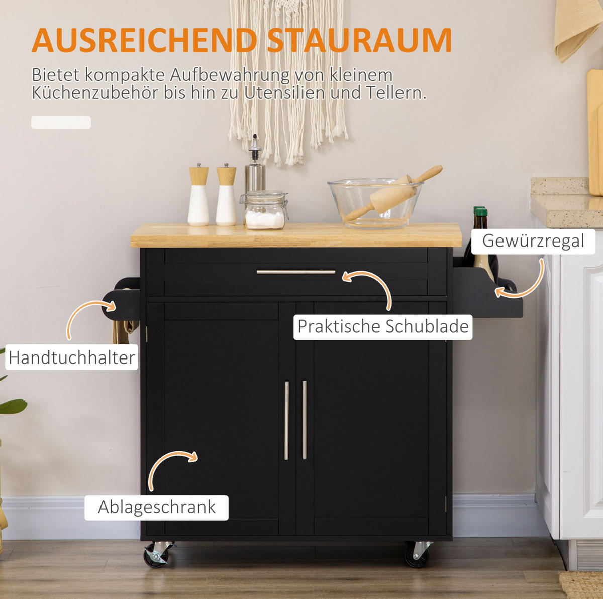 KÜCHENWAGEN mit Arbeitsplatte, Gewürzregal und Handtuchhalter 109 x 40 x 89 cm Black - Schwarz, Holz (40/89/109cm) - Beauniv