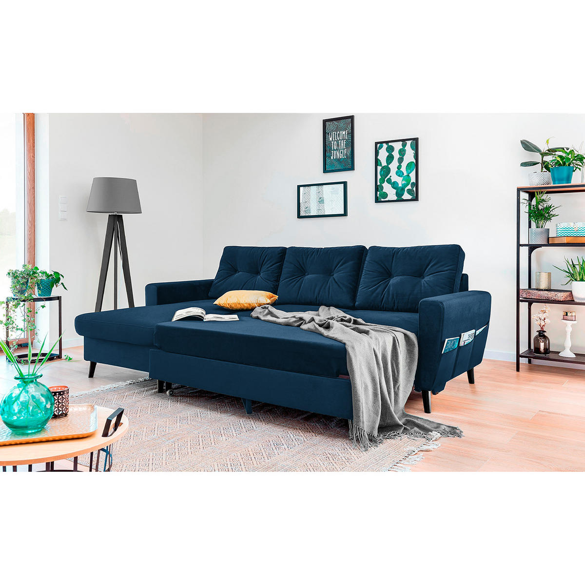 ECKSOFA mit Longchair - Schwarz/Dunkelblau, Buchenholz/Textil (233/148cm) - home24