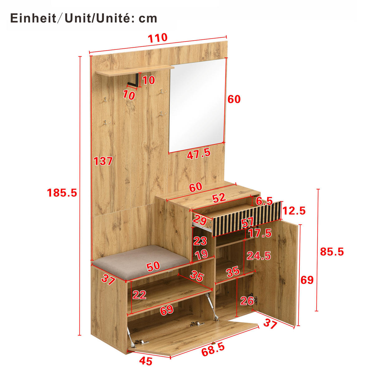 GARDEROBENSET 110/37/185,5 cm aus MDF mit Spiegel und gepolsterter Sitzfläche Schwarz/Naturfarben - Schwarz, Holzwerkstoff (110/185.5/37cm) - Modenvie
