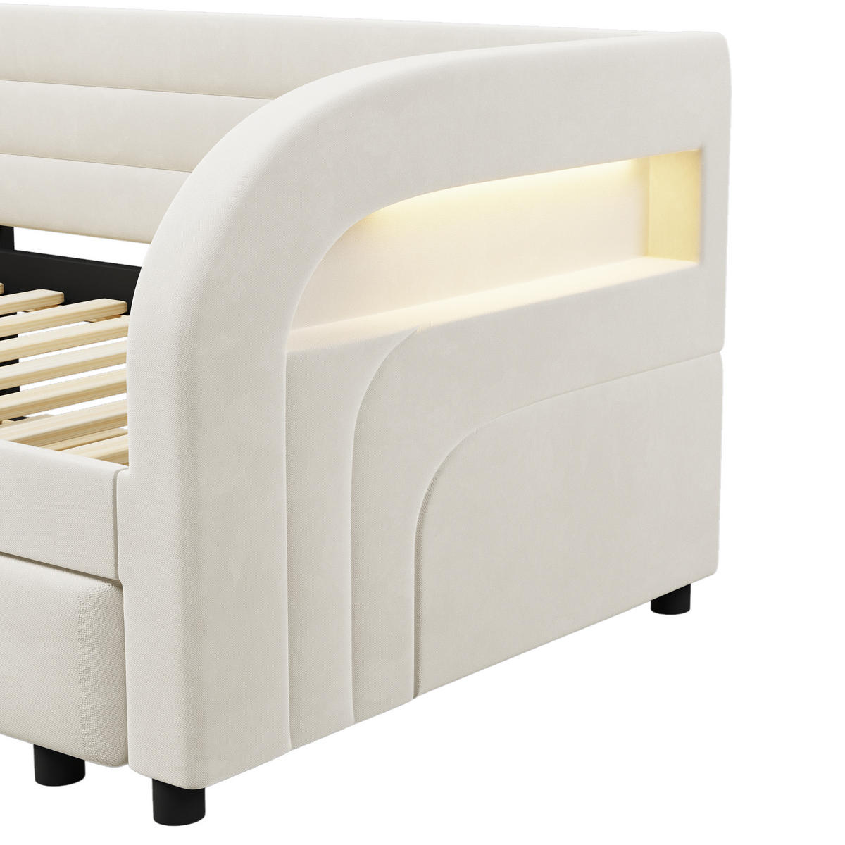 ČALOUNĚNÁ POSTEL 90/200 cm v béžové barvě s výsuvným lůžkem a LED - béžová, kov/kompozitní dřevo (90/200cm) - CHICFURN