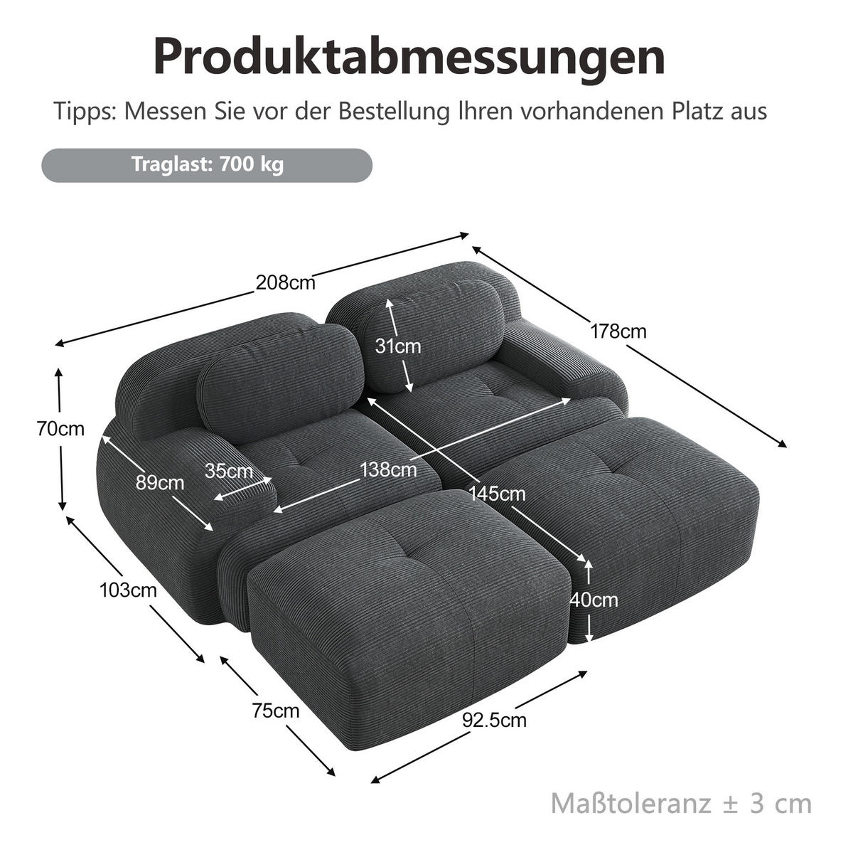 SOFA 208/178/70 cm in Grau aus Cord mit rutschfester Unterseite - Grau, Textil (178/70/208cm) - Flora Grace