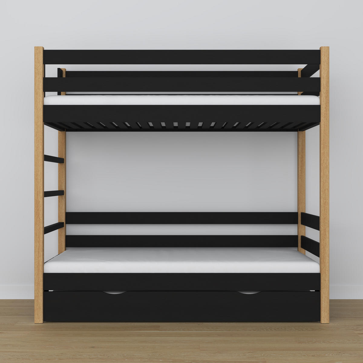 ETAGENBETT N03 mit Matratzenschublade Schwarz / Eiche Natur 120/180 - Schwarz/Eiche Artisan, Naturmaterialien/Holz (120/180cm) - N-Wood