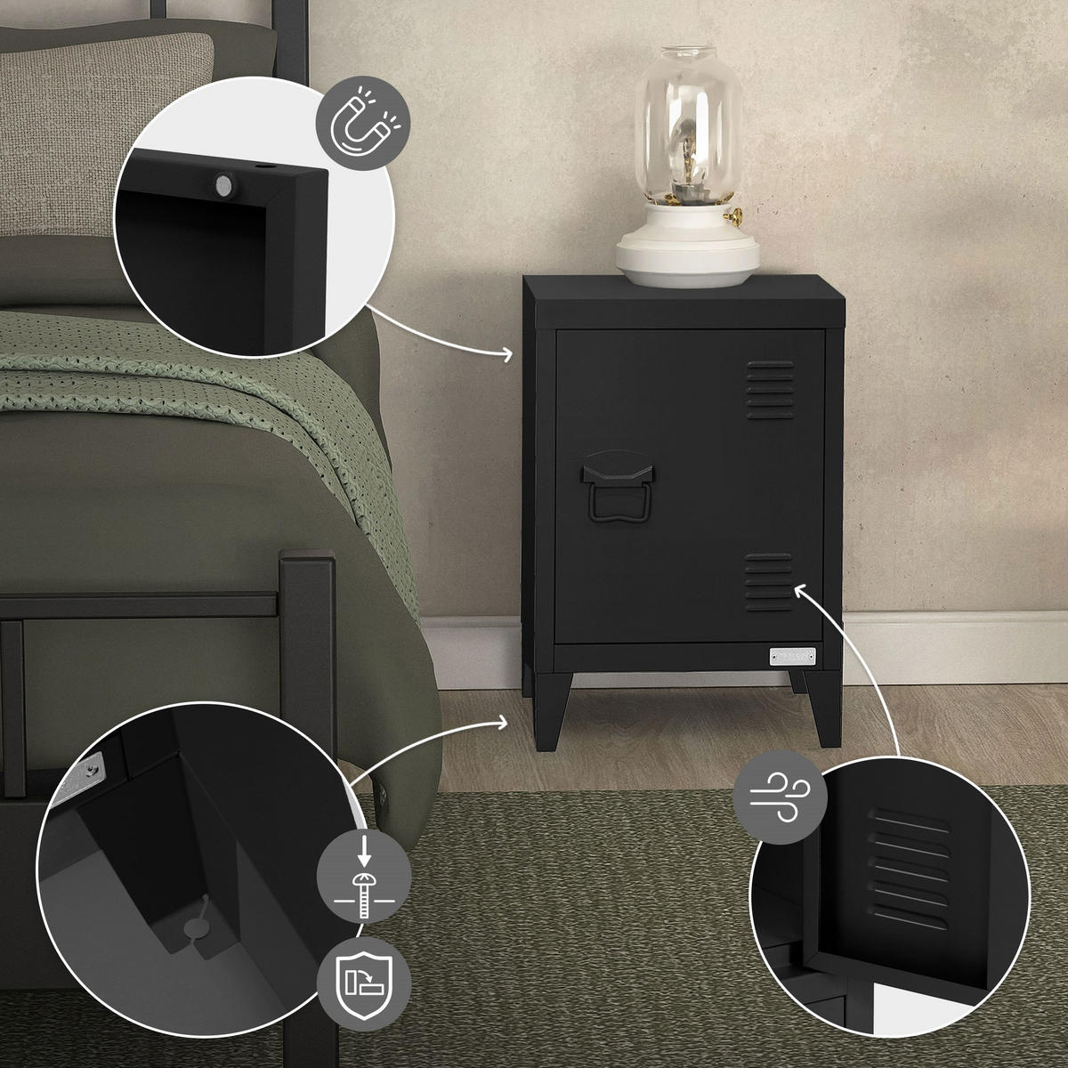 NACHTTISCH Schwarz 40x30x58 cm aus Stahl - Schwarz, Metall (40/58/30cm) - ML-DESIGN
