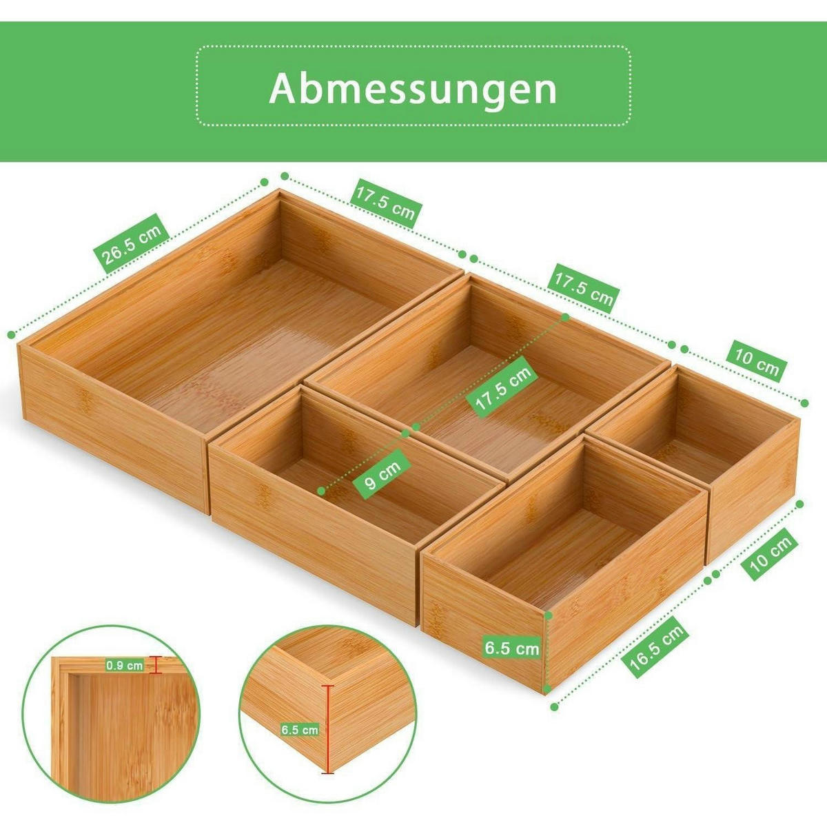 SCHUBLADEN Organizer 5-teiliges Set Bambus Stapelbar Natur - Braun, Naturmaterialen (17.5/6.5/26.5cm)