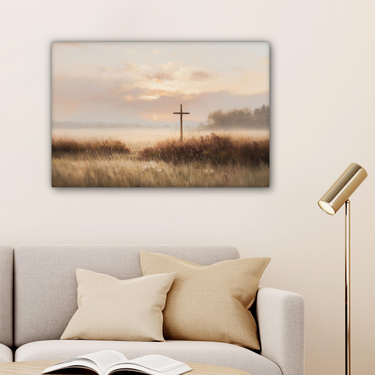 LEINWANDBILD Gras - Morgennebel - Kreuz - Christentum Gemälde 60x40 cm - Beige, Textil (60/40cm) - MuchoWow