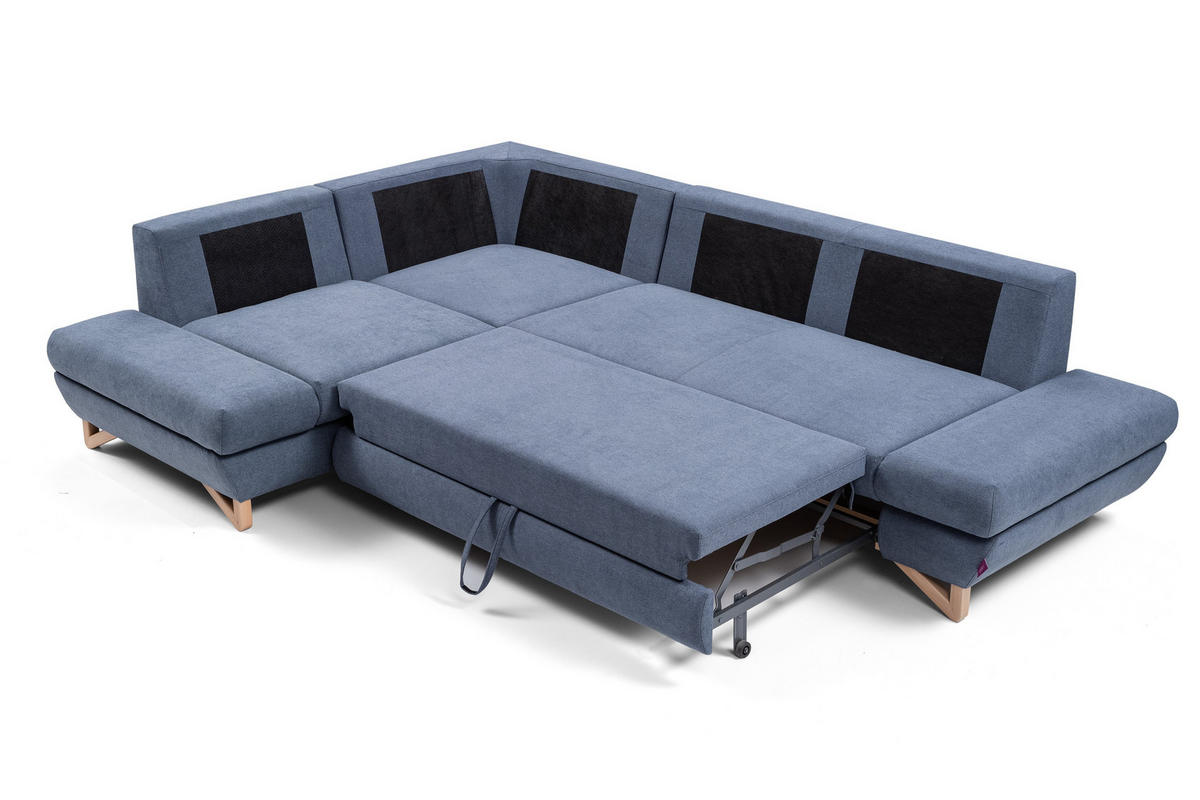 ECKSOFA CASA II L-S Blau Plüsch-Stoff mit Schlaffunktion - Blau, Holz (272/199cm) - MASSENO