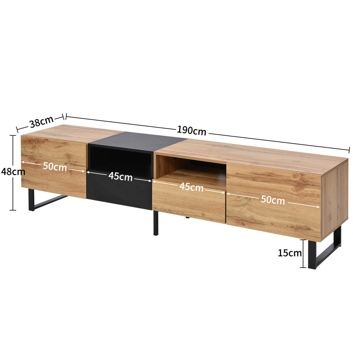 TV Lowboard 190x38x48 cm, 2 Türen, 2 Schubladen, Schwarz Holz - Schwarz, Holz (190/48/38cm)