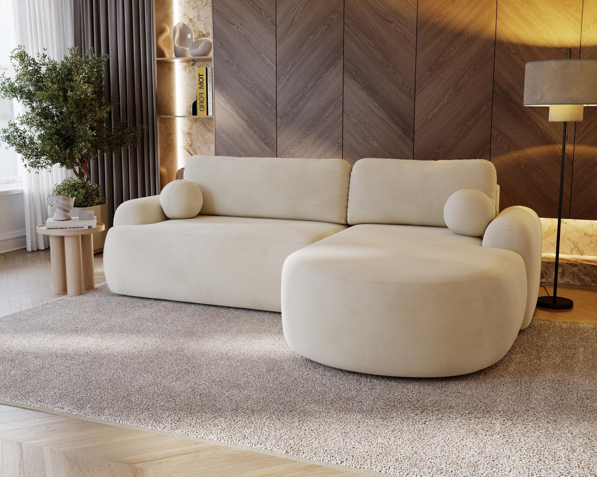 ECKSOFA Cloudy Creme, Sofa aus Velourstoff mit Kissen, rechte seite - Creme, Holzwerkstoff/Textil (261/177cm) - Bettso