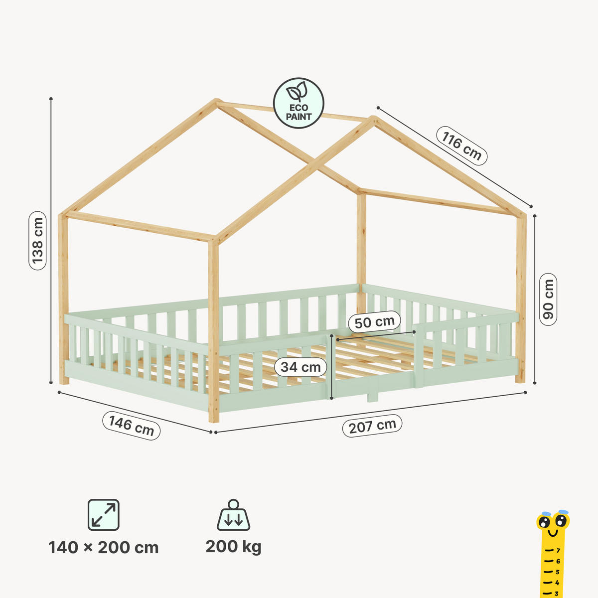 HAUSBETT Treviolo - Naturfarben/Mintgrün, Holz (140/200cm) - [en.casa]