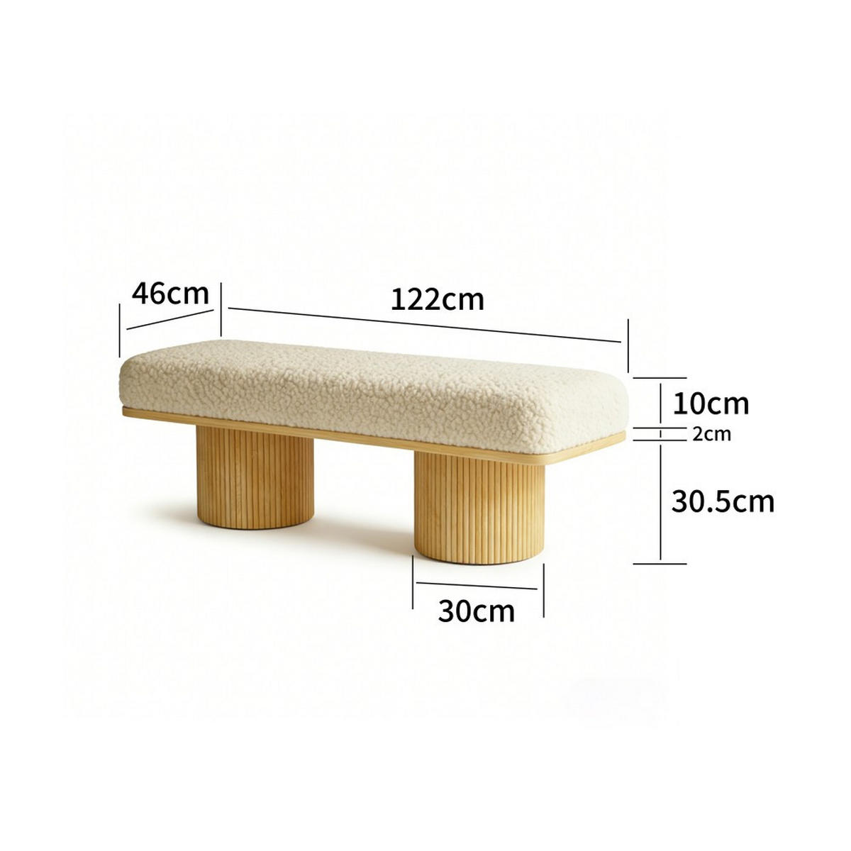 HOCKERBANK 122 cm gepolstert mit Teddy-Fleece und Holzgestell, cremefarbene Sitzbank für Schlafzimmer & Flur - Eukalyptusholzfarben/Beige, Naturmaterialien (46/42.5/122cm)