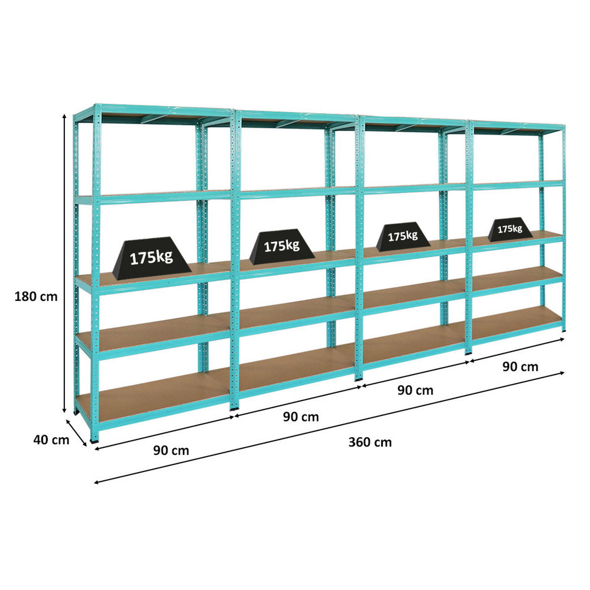 SCHWERLASTREGAL 4er GREEN HULK Set, HxBxT 180x90x40cm, Fachlast 175kg, 5 Ebenen, Grün - Grün, Metall (360/180/40cm) - PROREGAL