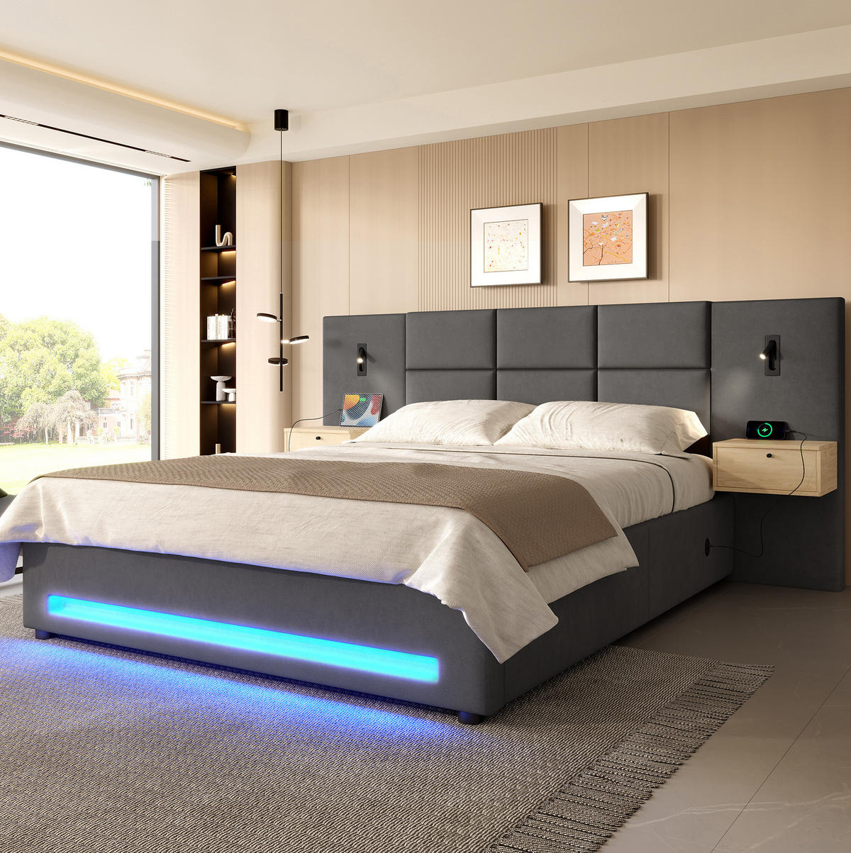 BETT mit Stauraum 180x200 cm Samt Dunkelgrau mit USB-C und LED - Dunkelgrau, Metall (180/200cm) - Meubliv