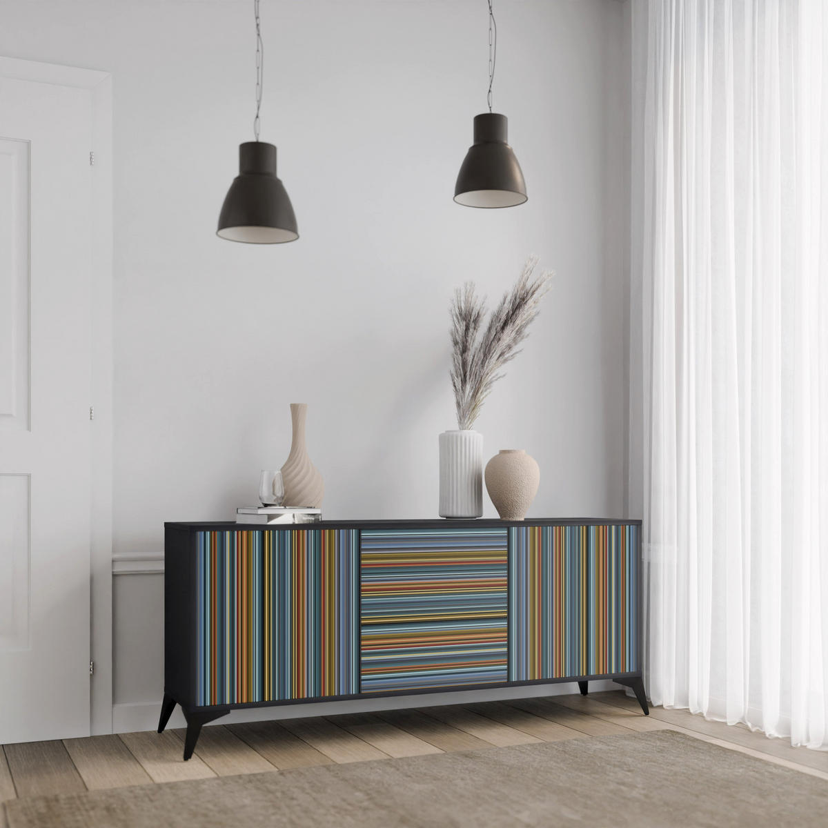 SIDEBOARD LINEOUT SPECTRUM, Eicheneffekt, 164,5x42x77,5 cm, 3 Türen - Eichefarben/Buchefarben, Holzwerkstoff/Buchenholz (164.5/77.5/42cm) - SpaceRebels