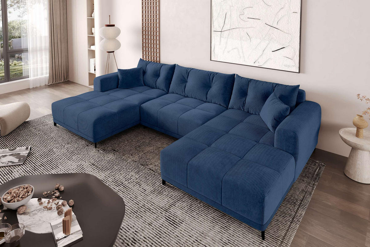 WOHNLANDSCHAFT Massimo Cordstoff Blau inkl. Schlaffunktion - Blau/Schwarz, Textil/Metall (356/94/181cm) - 99rooms