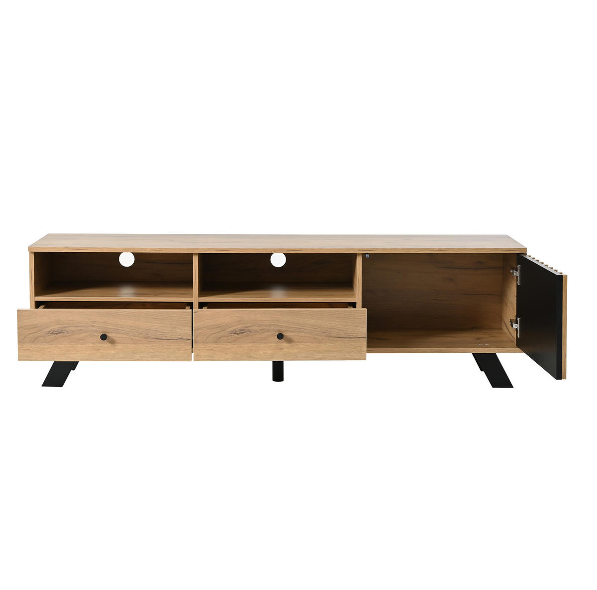 TV ormarić 150/38/44 cm prirodna boja drva i crni od iverice s 2 ladice i ormarićem - prirodne boje, drvni materijal (150/44/38cm) - OKWISH