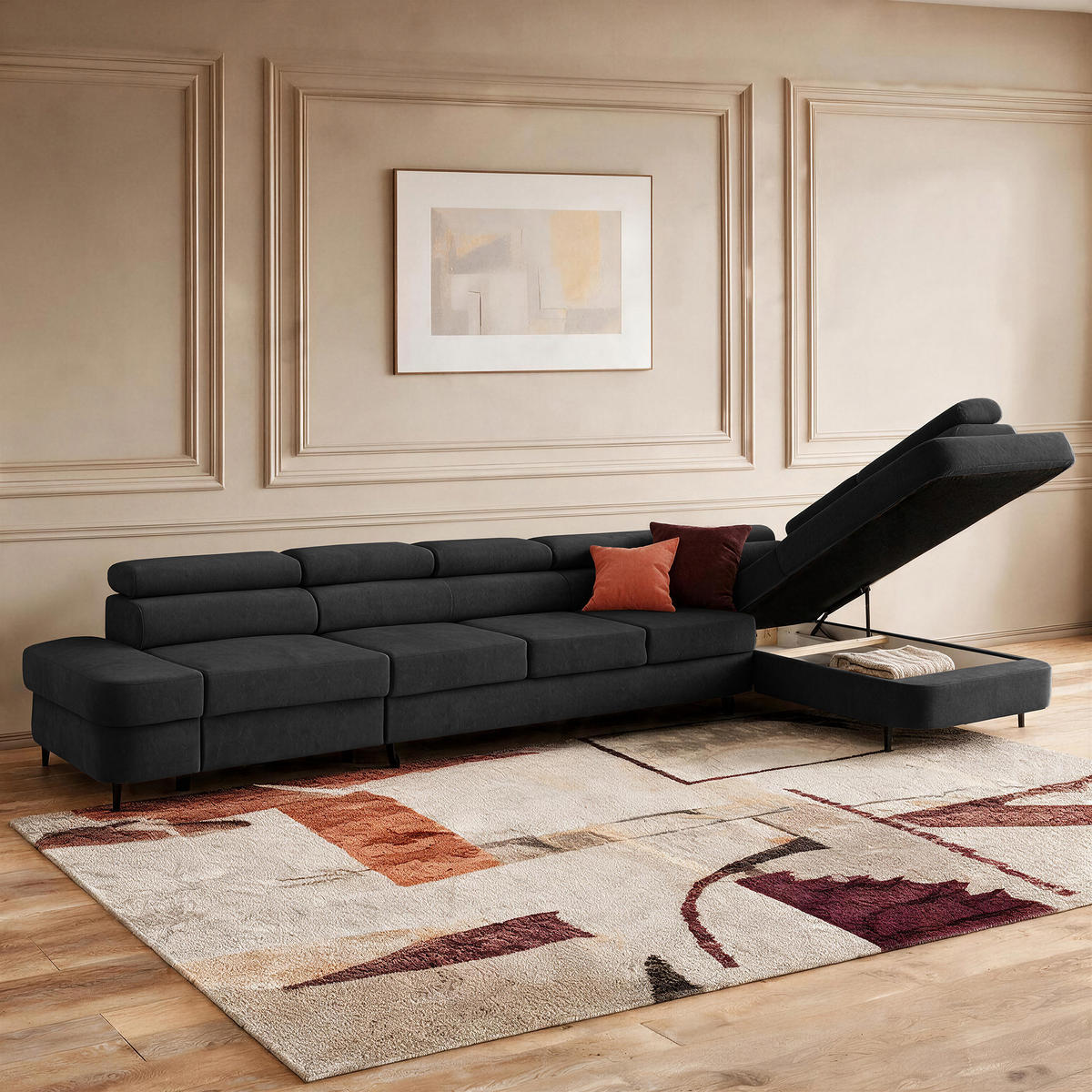 ECKSOFA PRIAM XXL L-Form Rechts mit Schlaffunktion 125x265 Velours Schwarz - Schwarz, Holz/Textil (420/203cm) - Muffo