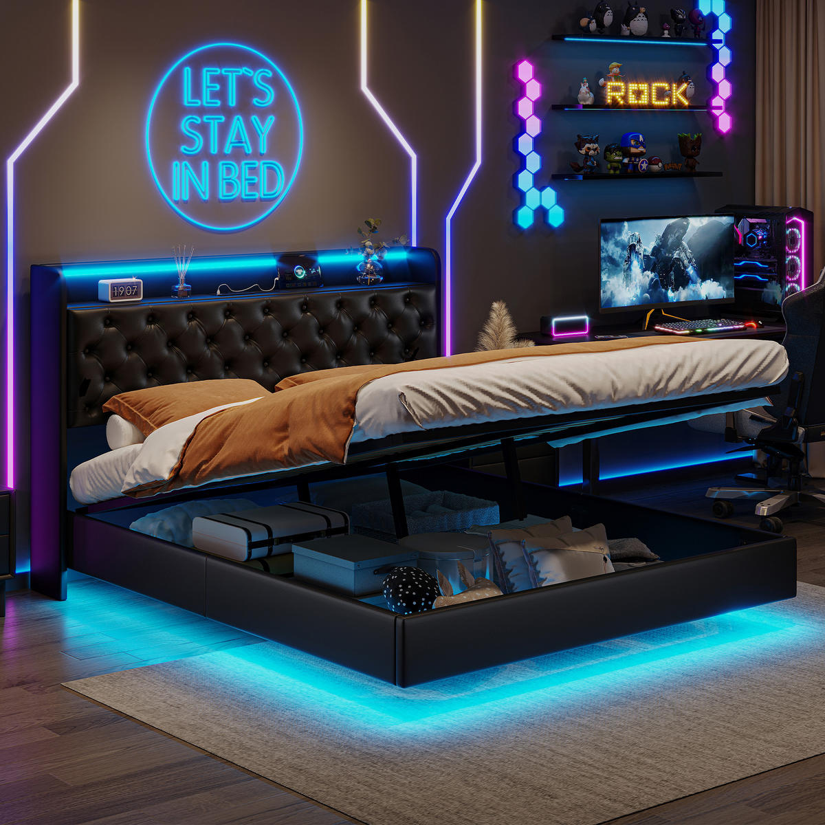 POLSTERBETT 160x200 cm Schwarz PU LED USB Stauraum - Schwarz, Metall (160/200cm) - SHOPENTRA