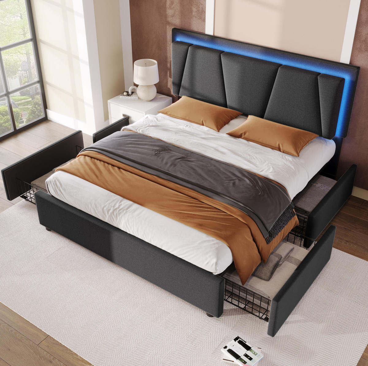 POLSTERBETT mit LED-Beleuchtung 140/200 cm mit 4 Schubladen & verstellbarem Kopfteil - Grau, Holz (140/200cm) - BEAOK