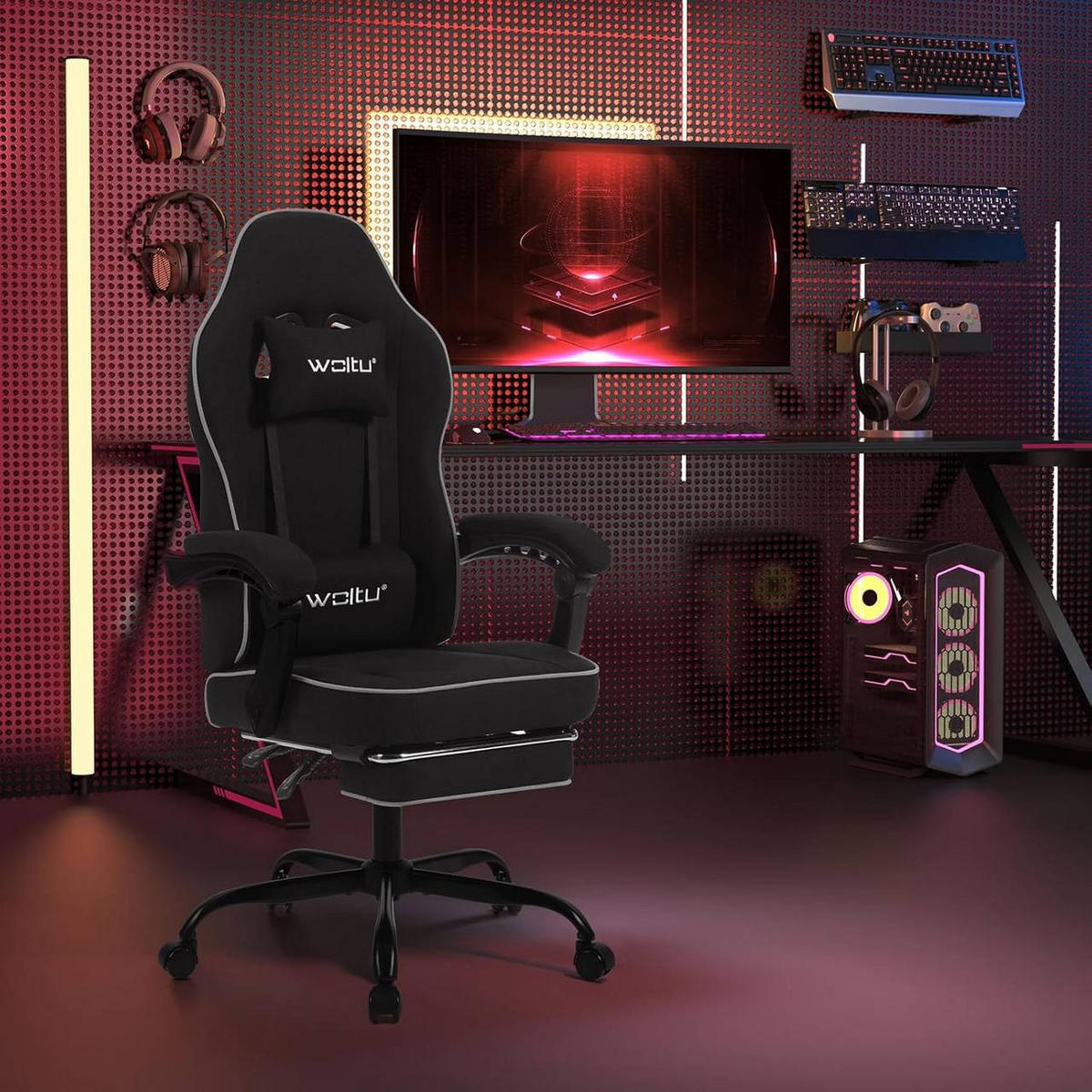GAMINGSTUHL Drehstuhl, Netzstoff, Schwarz - Schwarz, Kunststoff/Textil (63.5/117.5/60cm) - Woltu