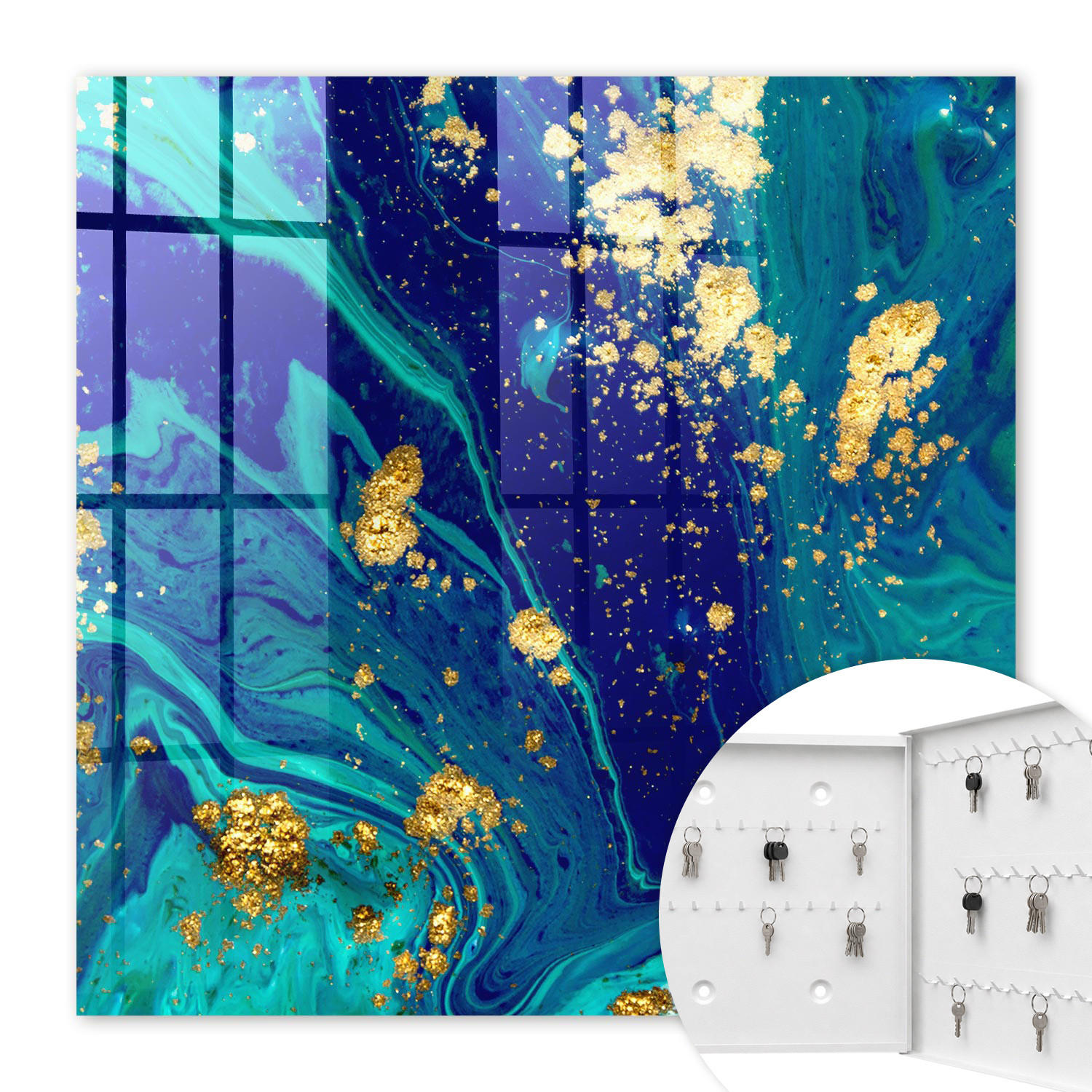 SCHLÜSSELBOX Weiß 30x30 cm – Türöffnung nach rechts - Farbenfrohe Abstraktion - Blau, Metall (30/30/5cm) - TULUP