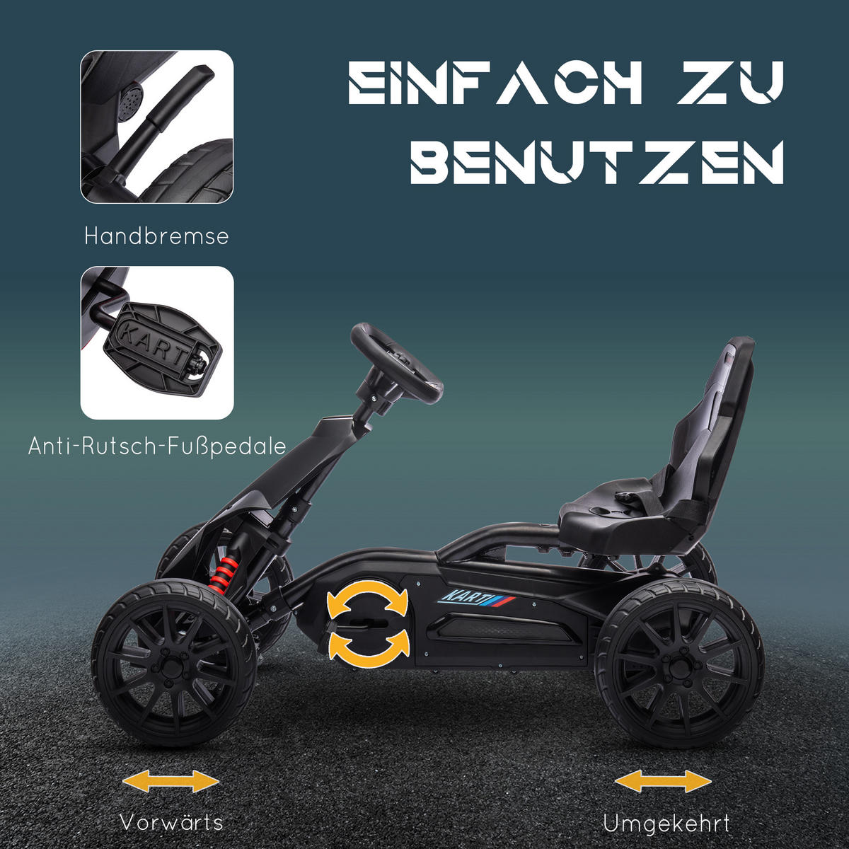 KINDER GO KART TRETAUTO, Schwarz, Kunststoff, Metall - Schwarz, Kunststoff (100/58/58.5cm) - HOMCOM