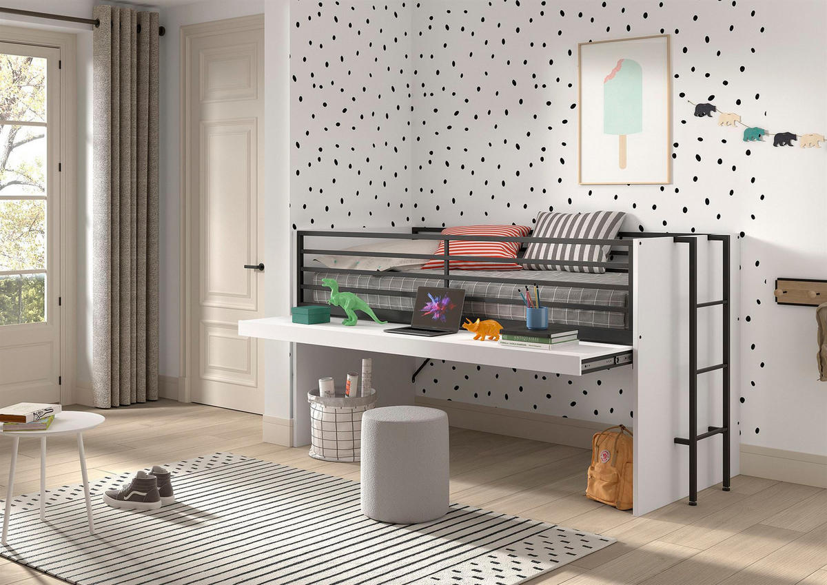HALBHOCHBETT 90x200 Keelia Weiß Melamin mit Schreibtisch - Weiß, Kunststoff (90/200cm) - 58aufmkessel