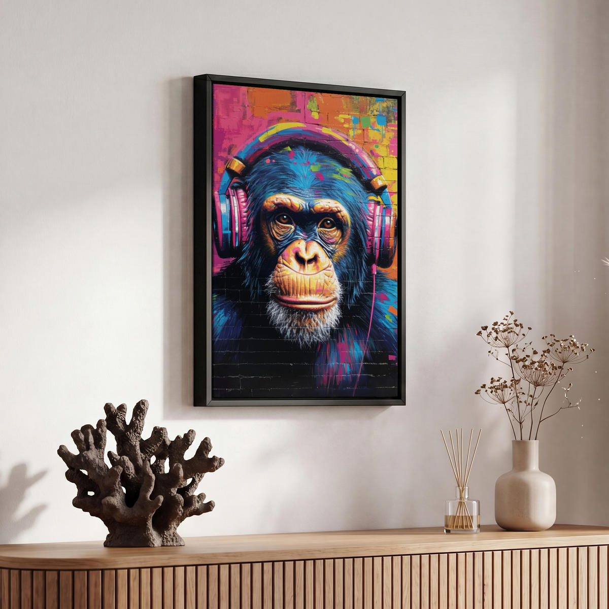 LEINWAND Bilder mit Rahmen - Graffiti - Schimpanse - Straßenkunst - Kopfhörer - Affe - 20x30 - Blau, Textil (20/30cm) - MuchoWow