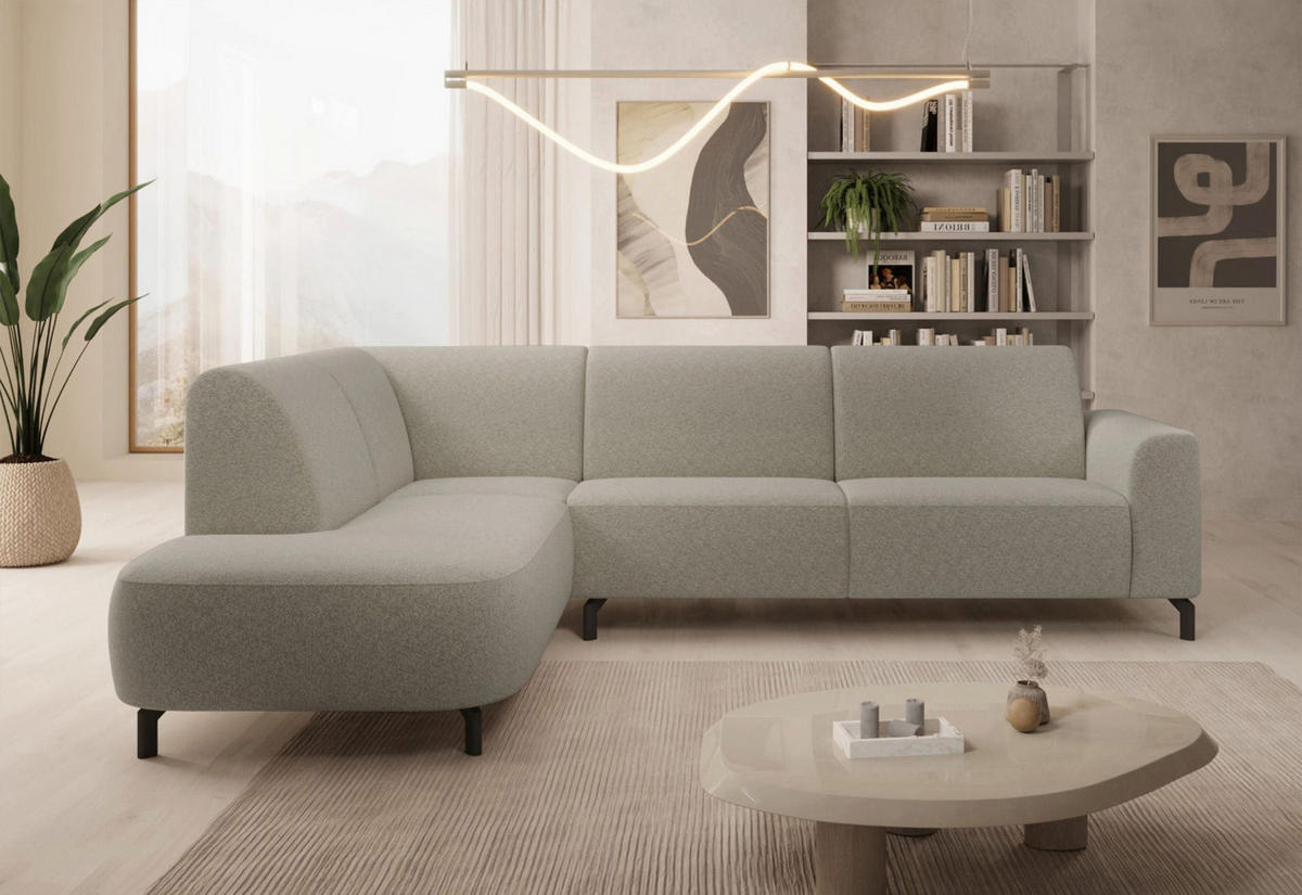 ECKSOFA Lununa Graubeige mit Armlehne, Bouclé, Ottomane links - Graubraun/Schwarz, Textil/Metall (277/218cm) - Selsey