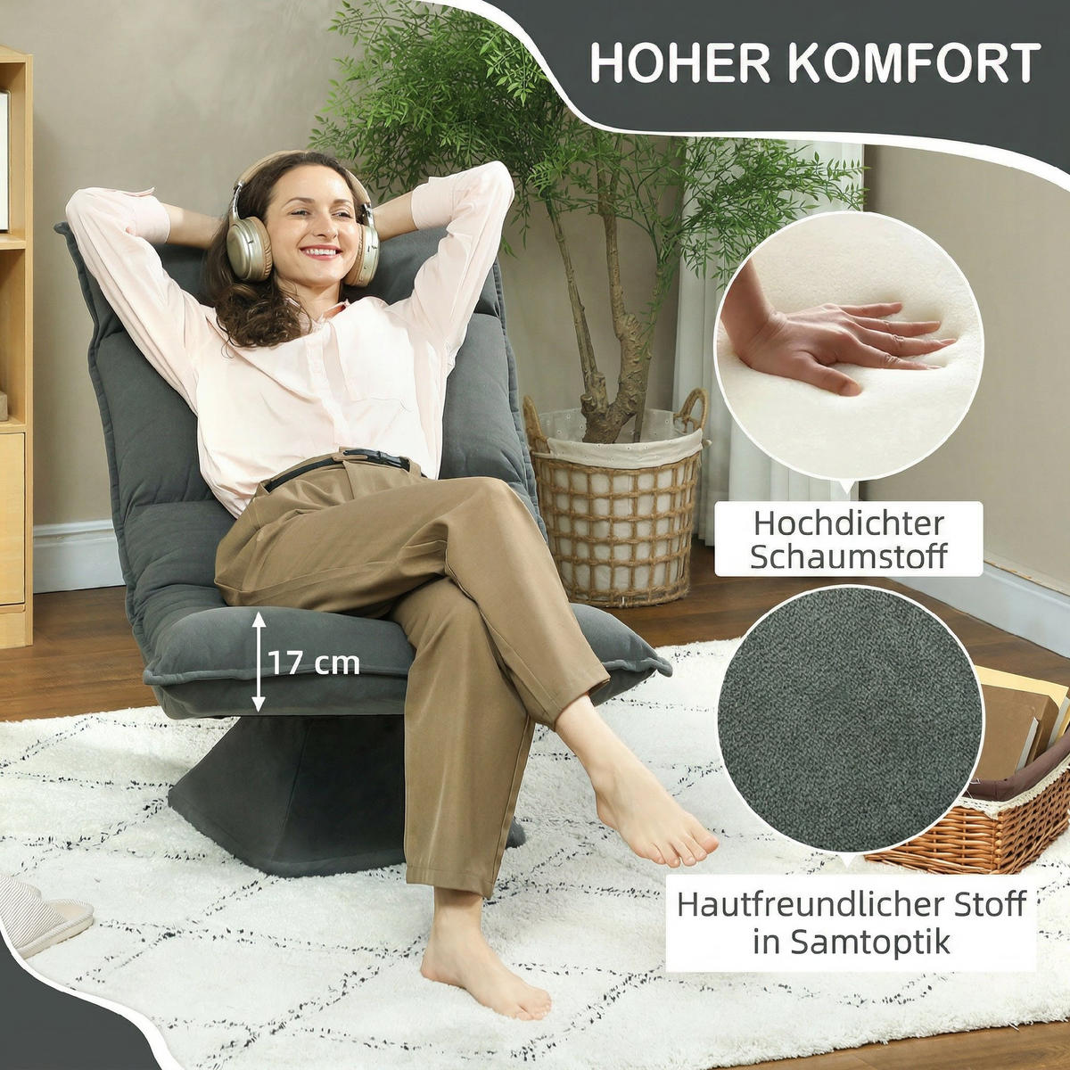 SCHLAFSESSEL DE-13545 Dunkelgrau - Dunkelgrau, Textil (62/95/70cm) - ComfortXL