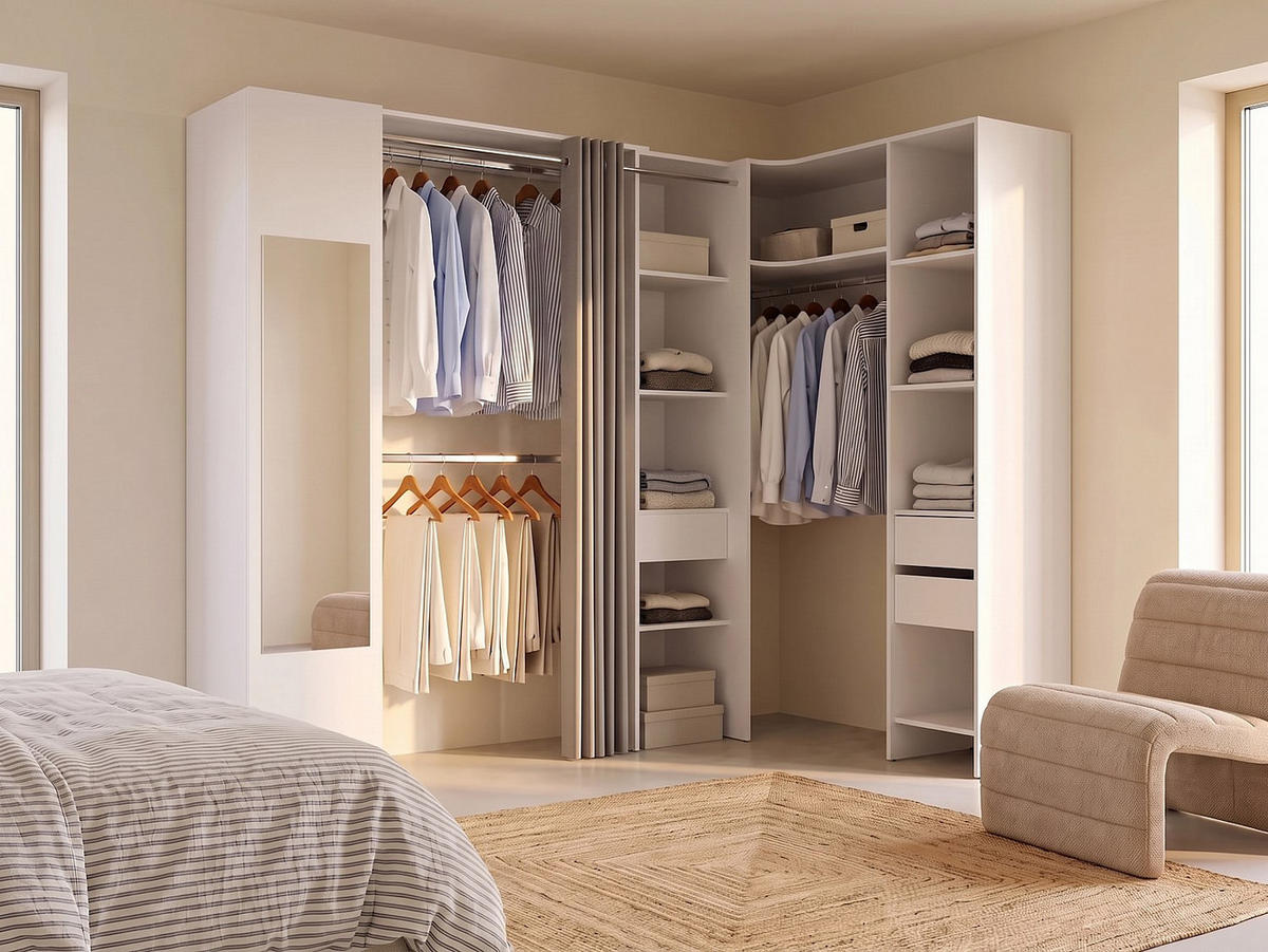 OFFENER Kleiderschrank - 231.5 cm x 141 cm - holz - weiß Bertrand - Weiß, Holz (231.5/205/141cm) - Vente-Unique