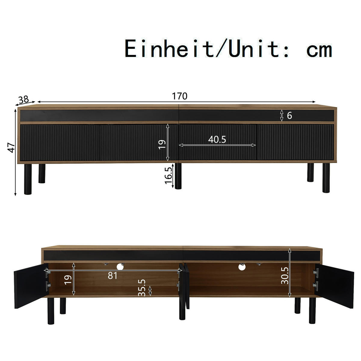 LOWBOARD DE-40231 mit Push-to-Open-Türen Schwarz - Schwarz, Holzwerkstoff (170/47/38cm) - ComfortXL
