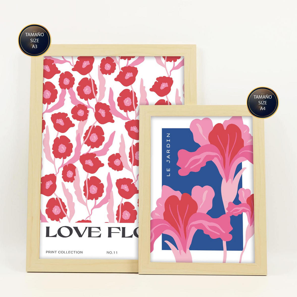 POSTER Set Mit 6 Blumen Blumenliebe Natur Und Botanikdrucke Für Innenarchitektur A3 & A4 Rahmen Aus Hellem Holz - Beige, Papier (29/3cm) - Nacnic