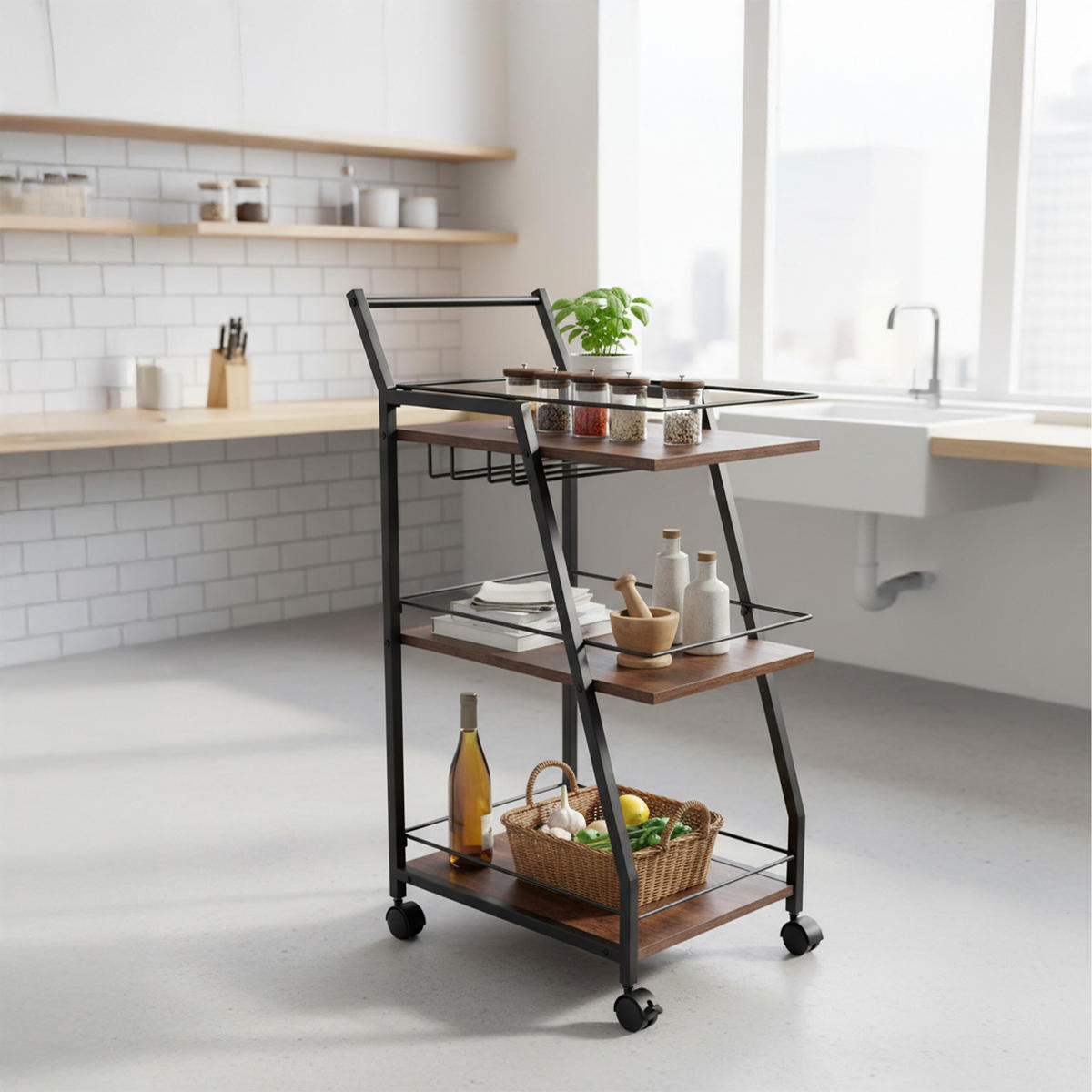 KUCHYN. vozík - biela, kov/kompozitné drevo (39/83/29cm) - Relaxdays