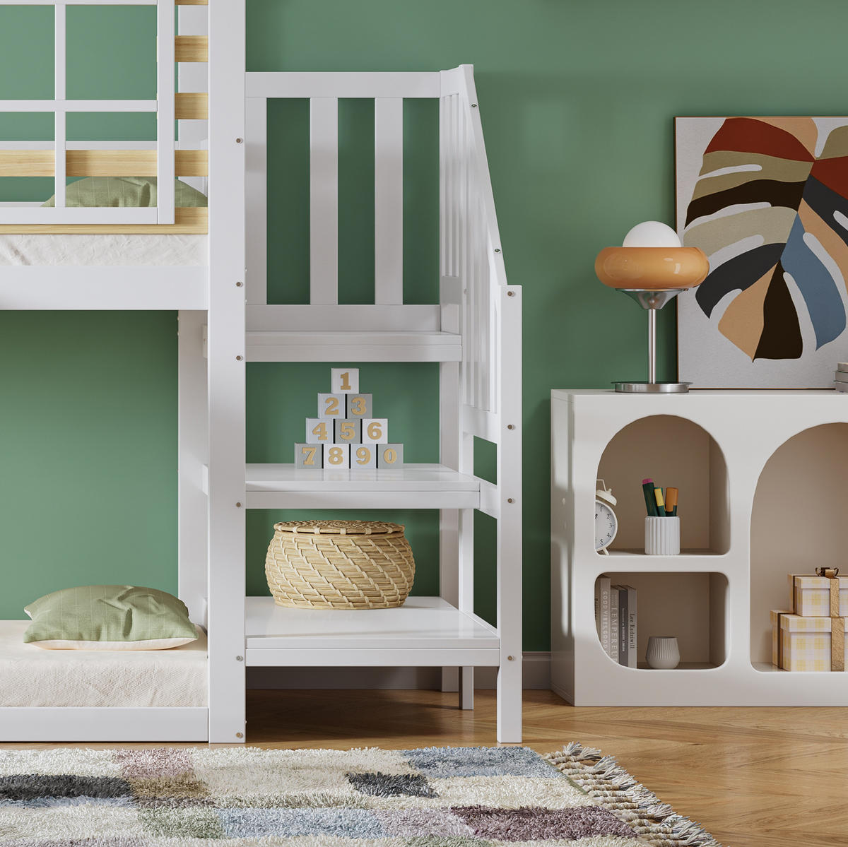 POSCHODOVÁ posteľ 90/200 cm biela/prírodná so šmykľavkou, schodíkmi a oknami z masívneho dreva a MDF - biela, kompozitné drevo (90/200cm) - OKWISH