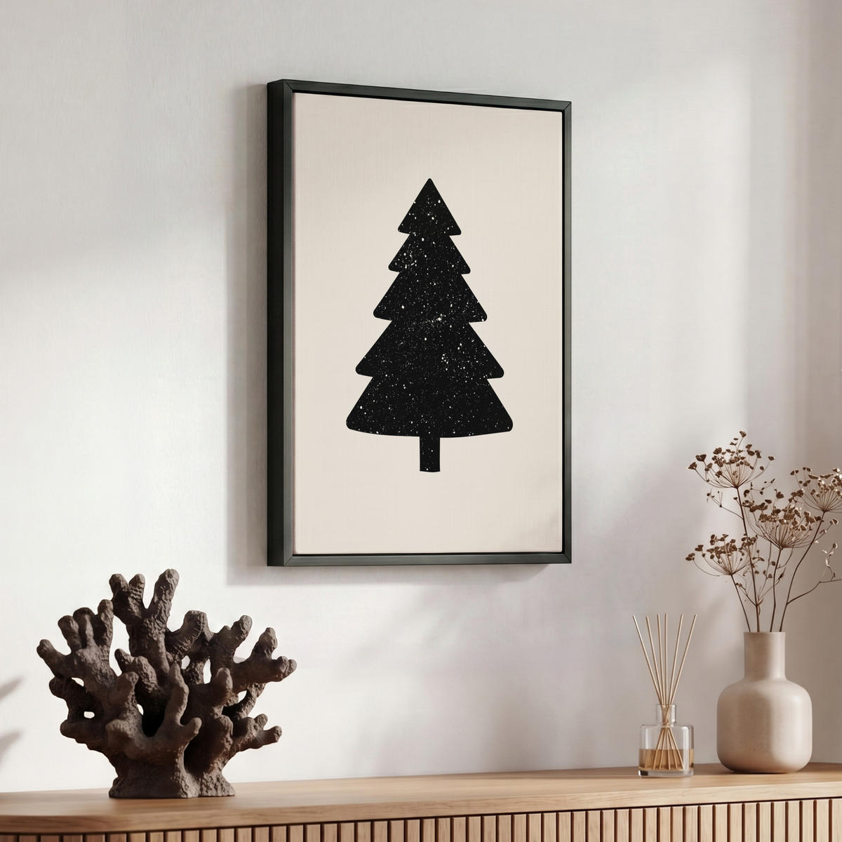 LEINWAND Bilder mit Rahmen - Weihnachtsbaum - Schwarz - Urlaub - Beige - 30x40 - Schwarz, Textil (30/40cm) - MuchoWow
