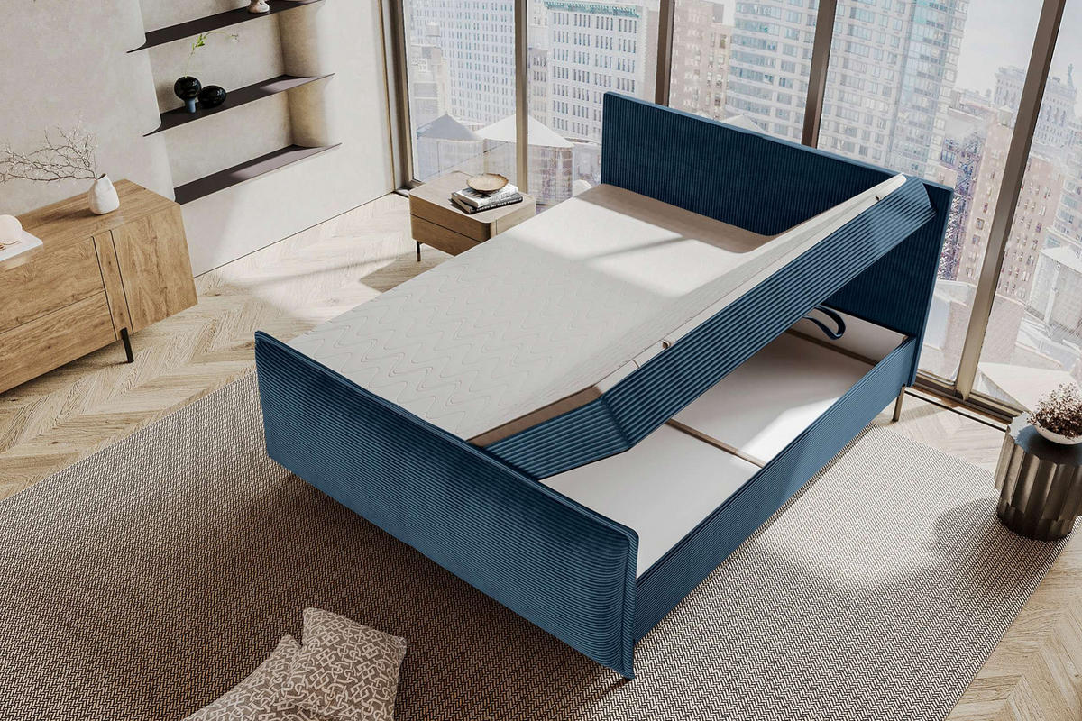 BOXSPRINGBETT VERO PLUS Cordstoff Blau 140/200 cm - Blau/Schwarz, Holzwerkstoff/Textil (140/200cm) - 99rooms