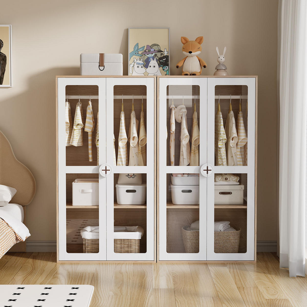 KLEIDERSCHRANK 80/50/150 cm in Natur/Weiß mit Acryltüren und verstellbaren Regalen - Naturfarben, Holzwerkstoff (80/150/50cm) - BEAOK