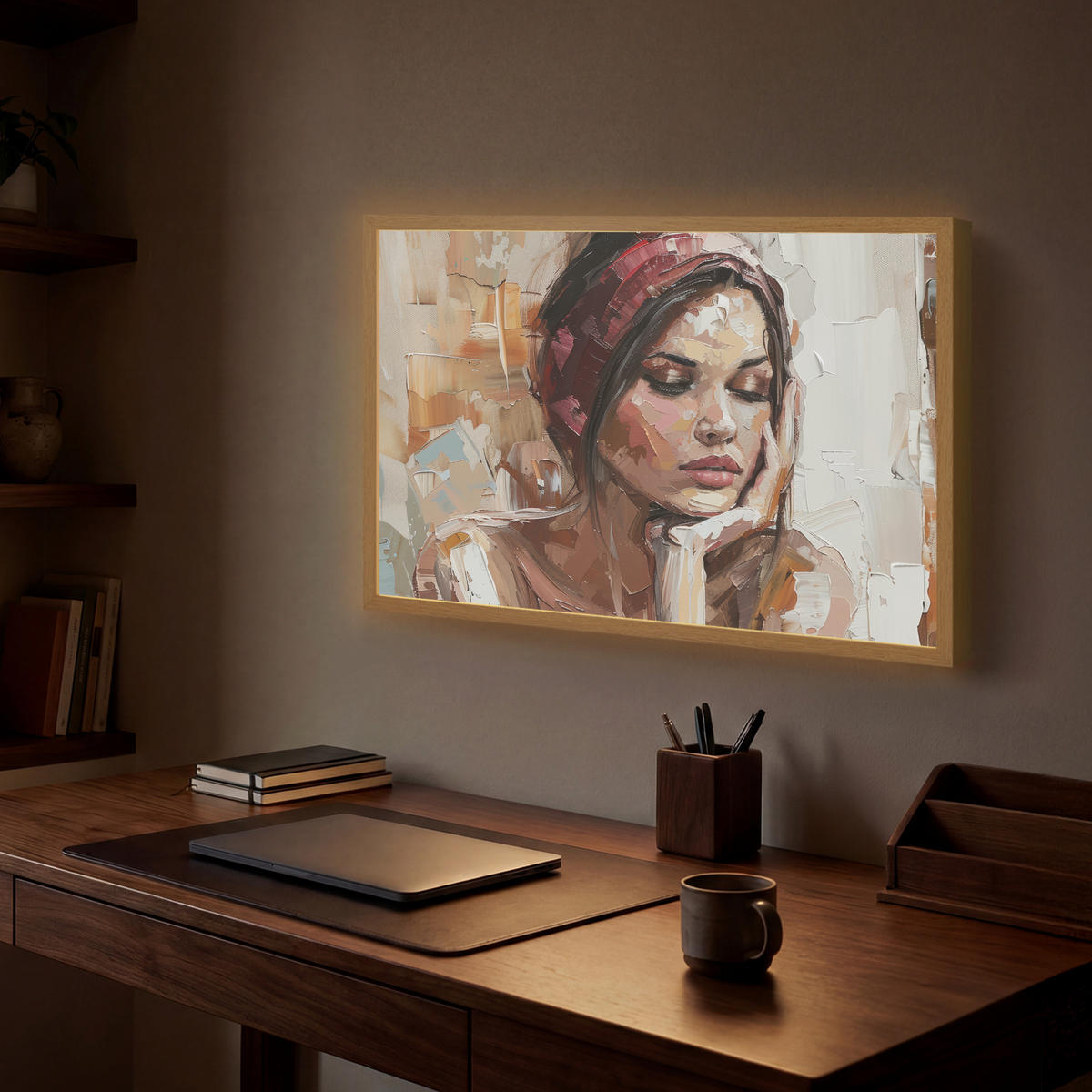 NÁSTĚNNÁ LAMPA S AKUMULÁTOREM Žena - vzhled malby - portrét - moderní 60x40 cm - hnědá, kompozitní dřevo (60/40/8cm) - OnlyWow