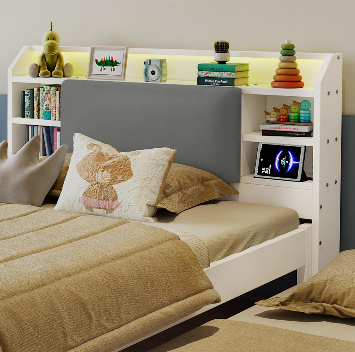 FUNKTIONSBETT aus Kiefernholz und MDF 120x200 cm Weiß mit Ausziehbett 90x190 cm, LED und Ladestation - Weiß, Holz (120/200cm) - IVMEU