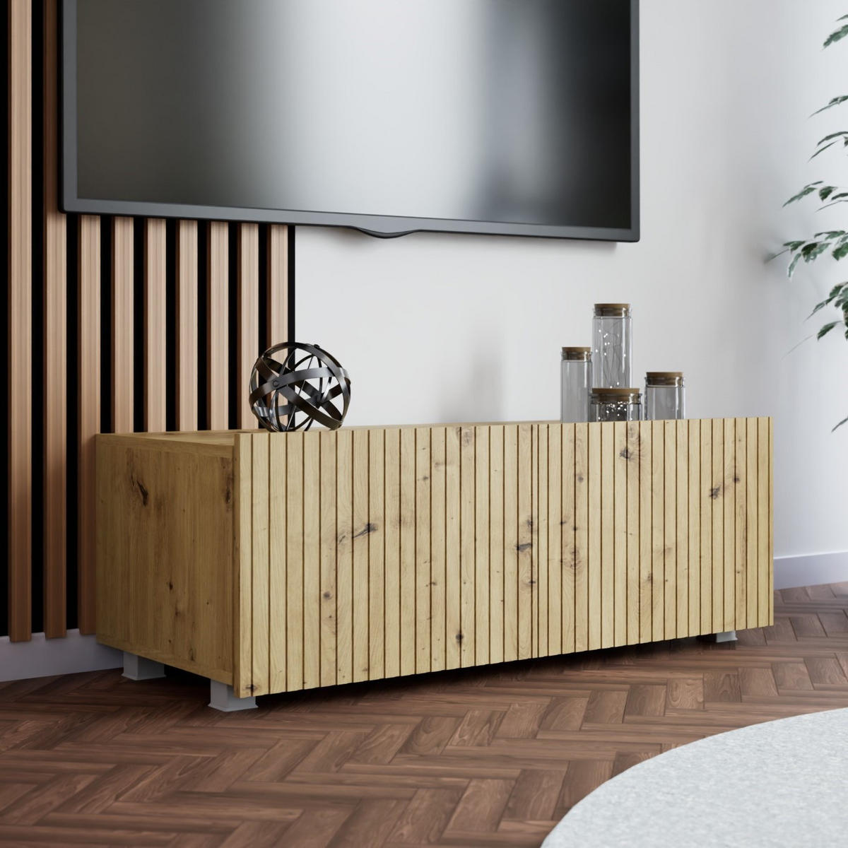 TV-LOWBOARD Kolder 100 cm Artisan Eiche mit geriffelten Fronten - Silberfarben/Eiche Artisan, Holzwerkstoff/Kunststoff (100/38/43cm) - Ravio