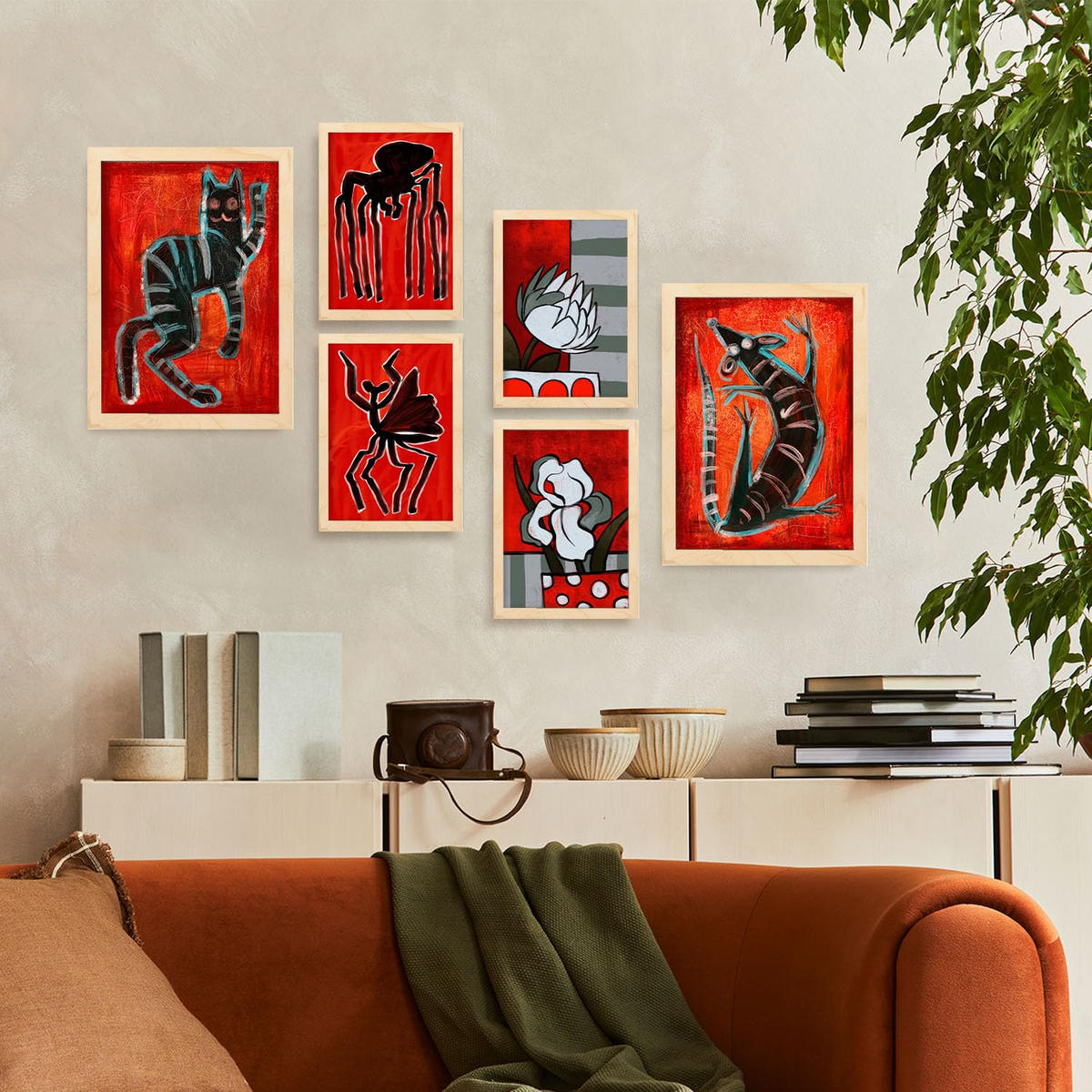 POSTER Set Mit 6 Kreaturen Frames 1 In Tiere Abstracts Ästhetische Dekorative Gemälde Für Ihr Wohnzimmer Zuhause A3 & A4 Rahmen Aus Hellem Holz - Beige, Papier (29/3cm) - Nacnic