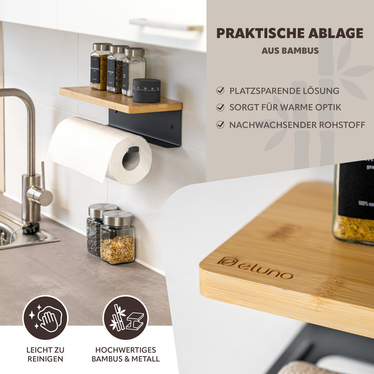 KÜCHENROLLENHALTER mit Bambusablage - Grau, Metall (32/9.5/13cm) - eluno