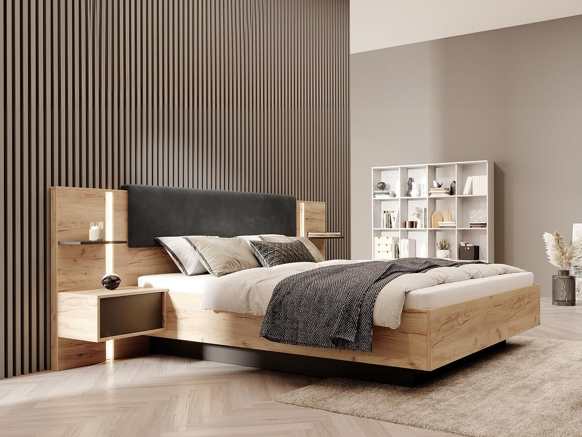 BETTRAHMEN - 2 Personen - stoff - anthrazitgrau, naturfarben hell Elynia - Anthrazit/Naturfarben, Holz/Holzwerkstoff (160/200cm) - Vente-Unique